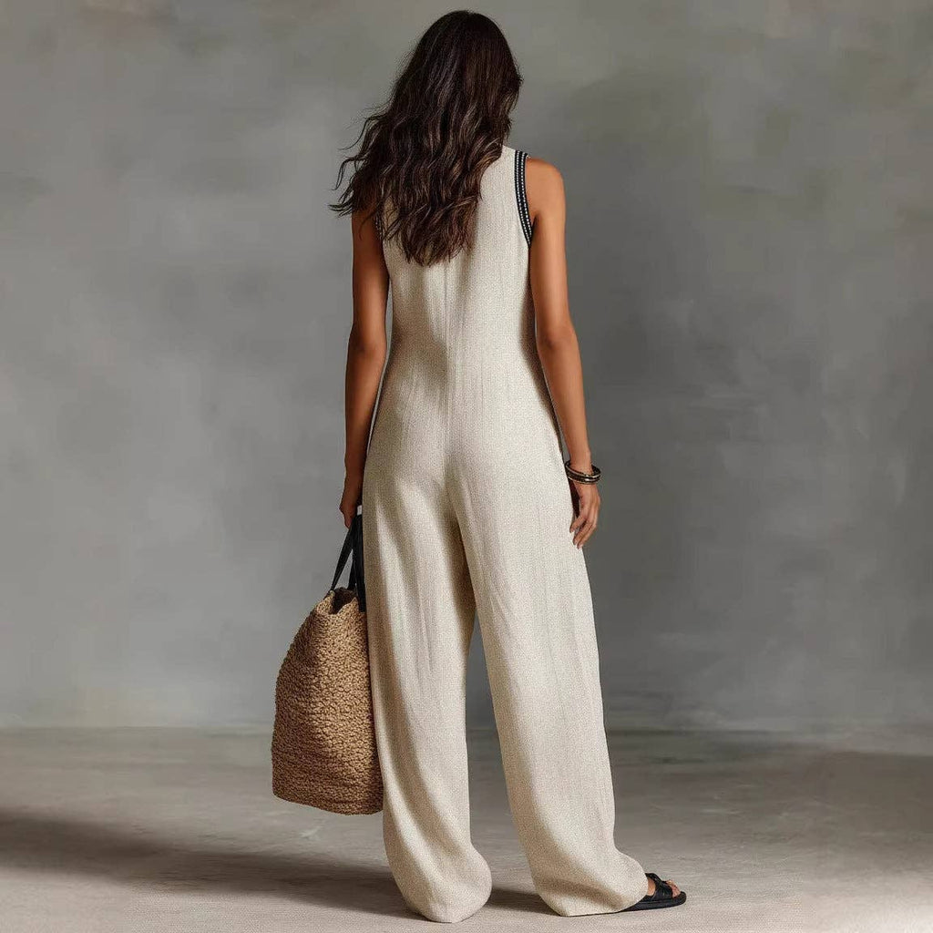Women's Simple Linen-blend Sleeveless Jumpsuit: Apricot / M