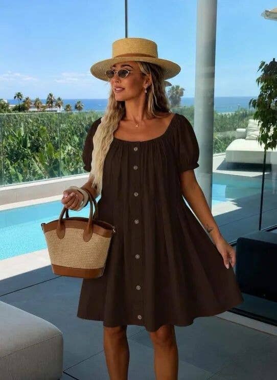 Buttoned Bohemian Dress with Bardot Neckline: Brown / One size: 36-42