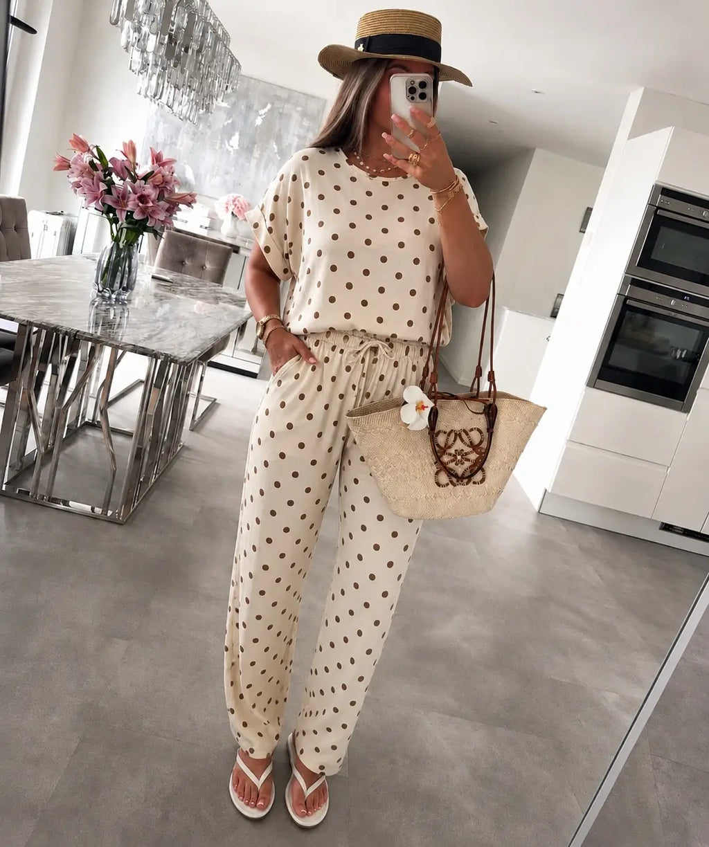 Oversized Polka-Dot Set – Loose Top & Flowing Pants: Beige / YOU 38-44