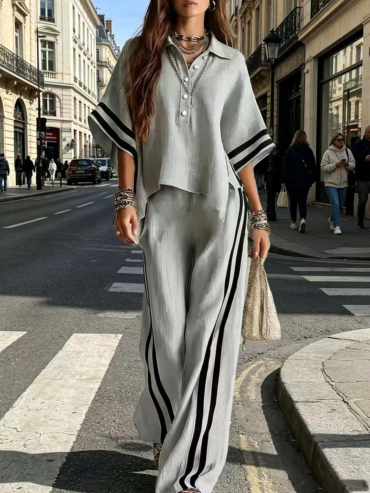 Short-sleeve Shirt And Loose-fitting Trousers Two-piece Set: Khaki / L