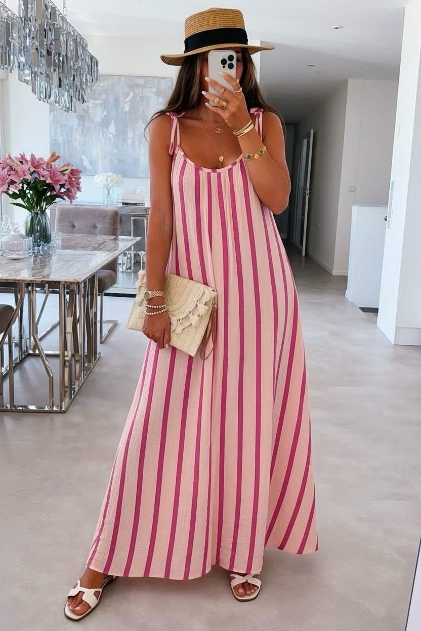 Long Striped Cotton Gauze Spaghetti-Strap Dress: Sky / YOU 38-44