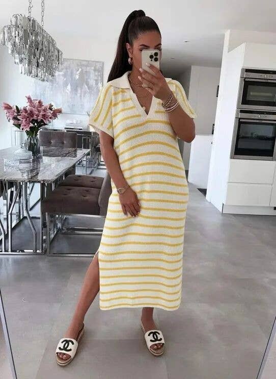 Oversized Long Striped Dress with Polo Collar — Chic Casual: Navy / One size: 38–44