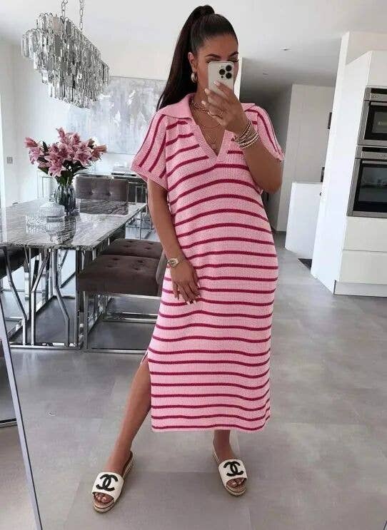 Oversized Long Striped Dress with Polo Collar — Chic Casual: Navy / One size: 38–44