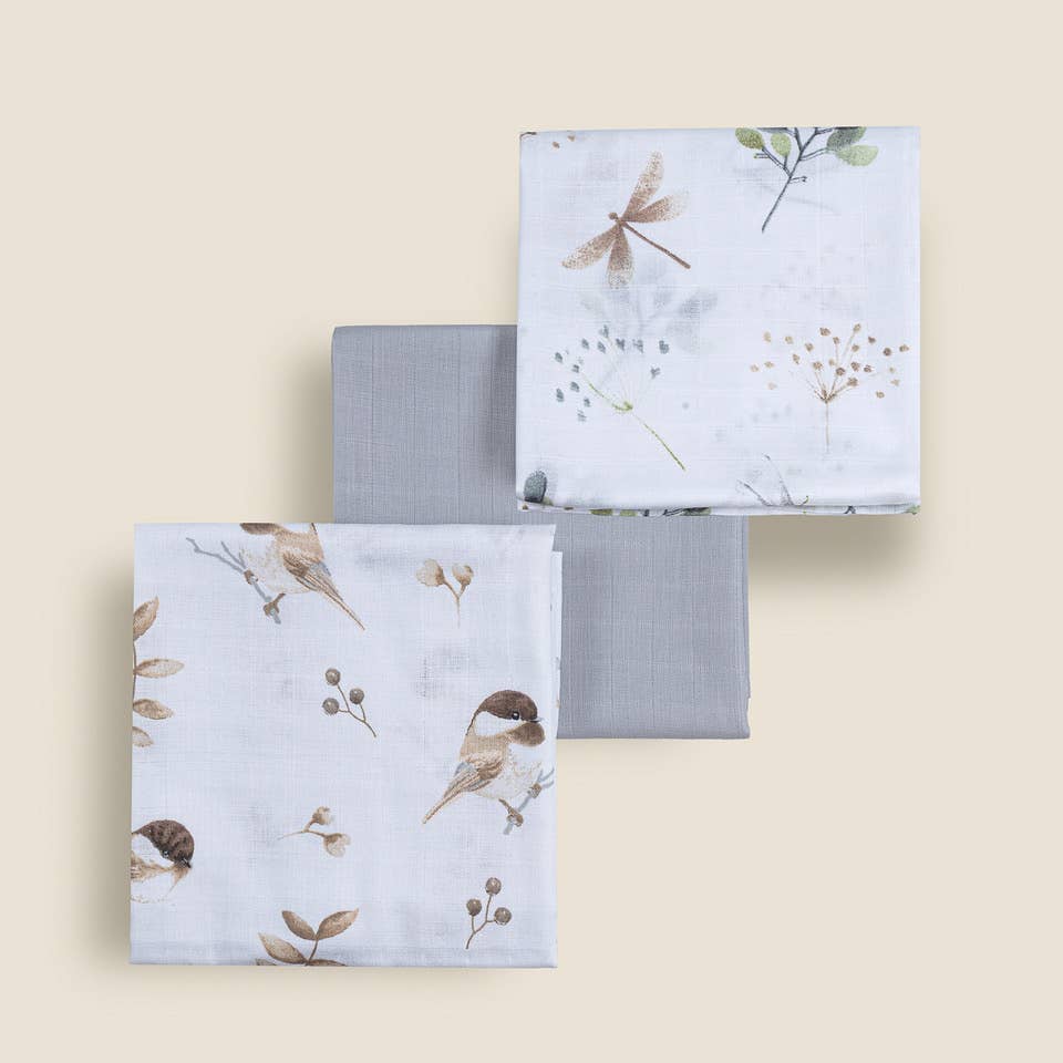 Premium Muslin Diaper Set - 3 Pack of 100% Natural Cotton: Birds / 60x60 - 3 pack