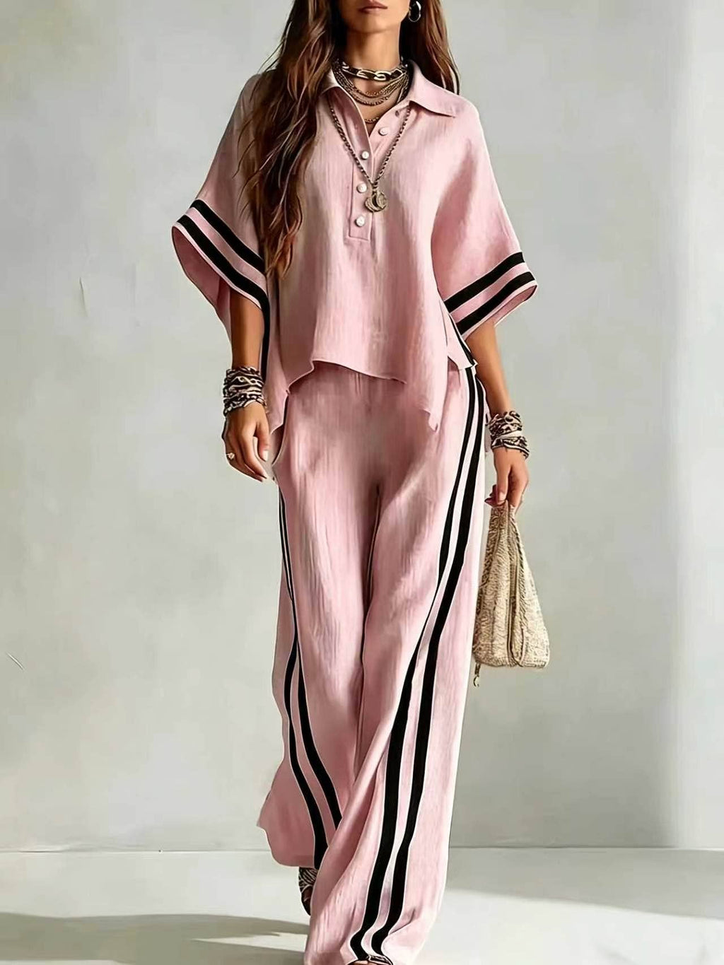 Short-sleeve Shirt And Loose-fitting Trousers Two-piece Set: Khaki / L