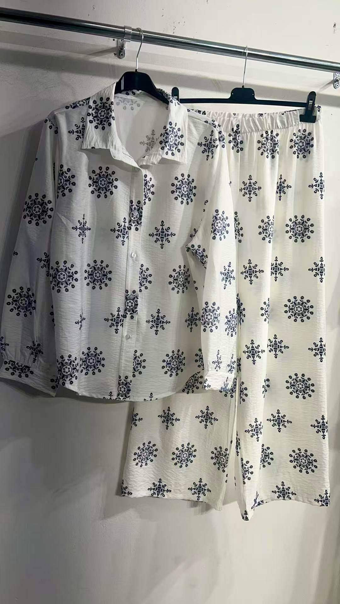 Oversized Bohemian Printed Shirt and Pants Set: White / YOU 38-42