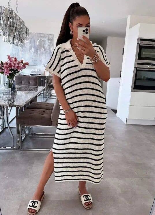 Oversized Long Striped Dress with Polo Collar — Chic Casual: Navy / One size: 38–44
