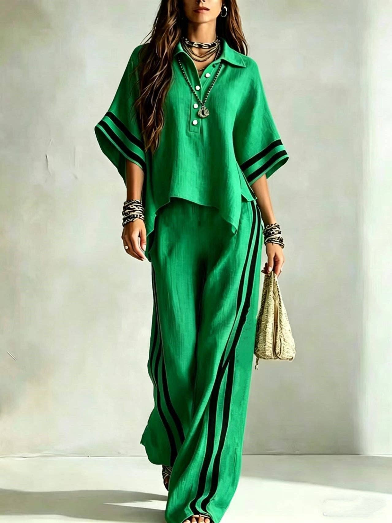 Short-sleeve Shirt And Loose-fitting Trousers Two-piece Set: Khaki / L