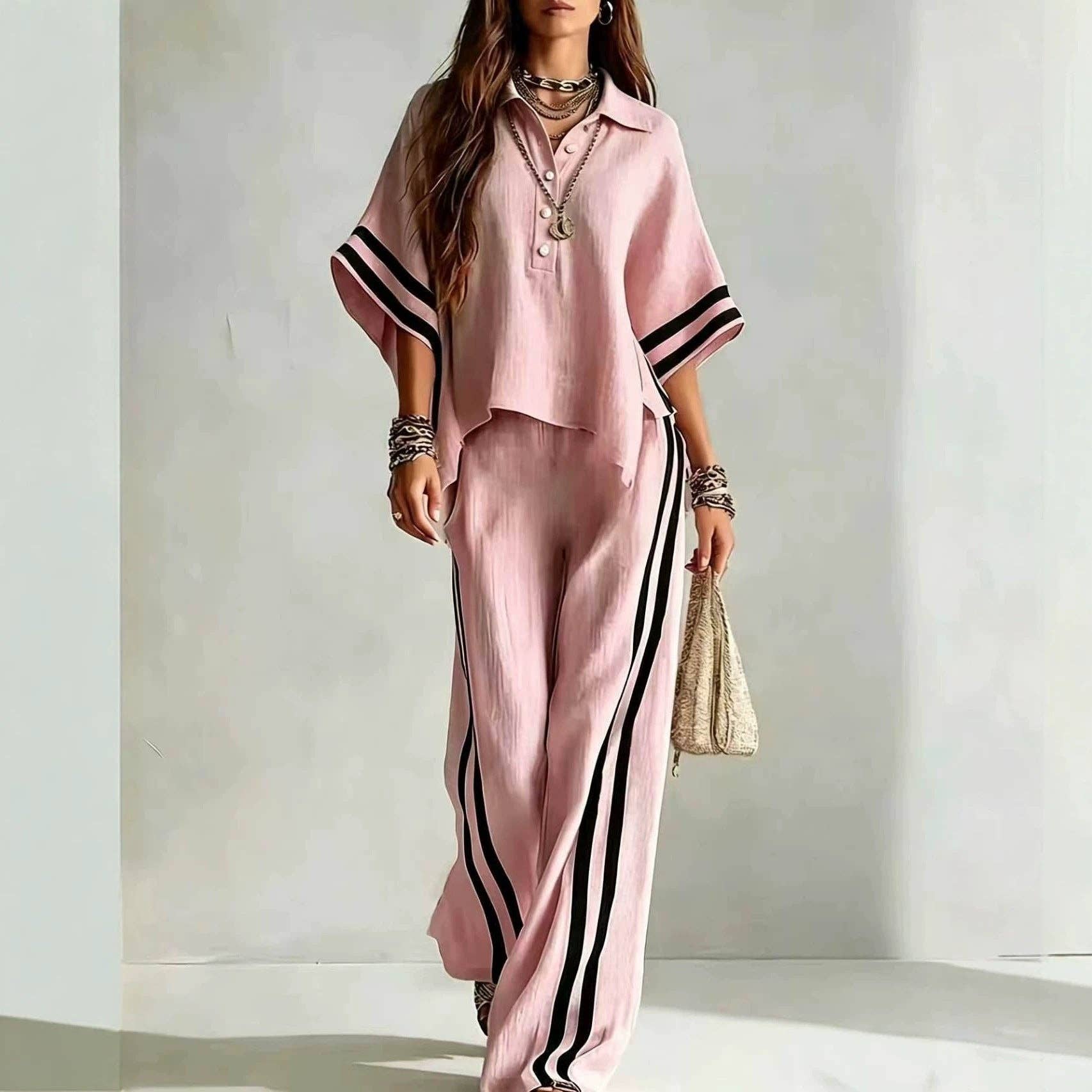 Short-sleeve Shirt And Loose-fitting Trousers Two-piece Set: Khaki / L