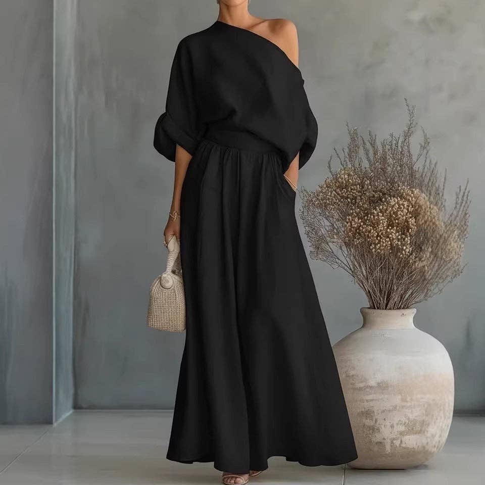Cropped Off-shoulder Top And Pants Two-piece Set: Dark Brown / M