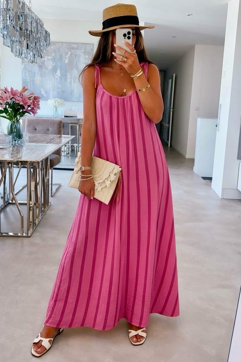 Long Striped Cotton Gauze Spaghetti-Strap Dress: Sky / YOU 38-44