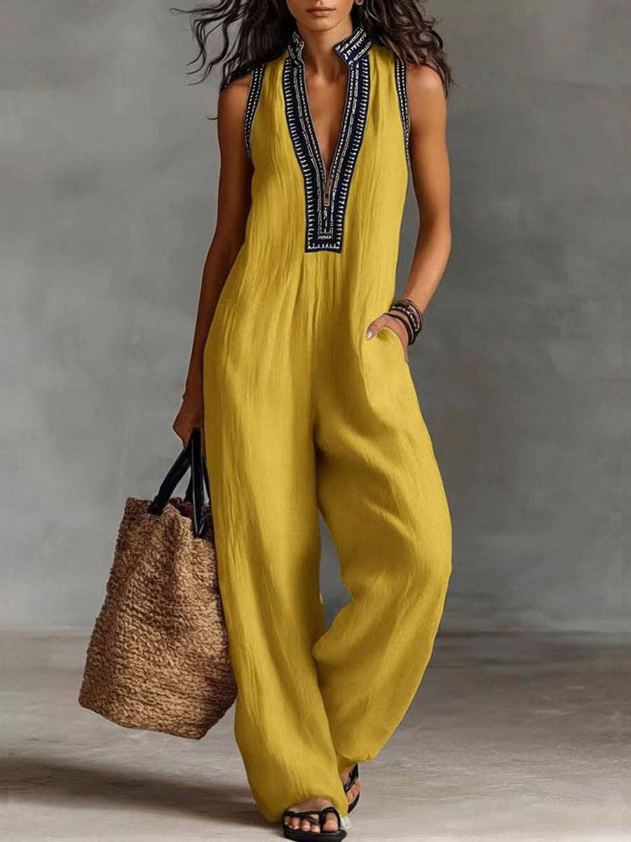 Women's Simple Linen-blend Sleeveless Jumpsuit: Yellow / L