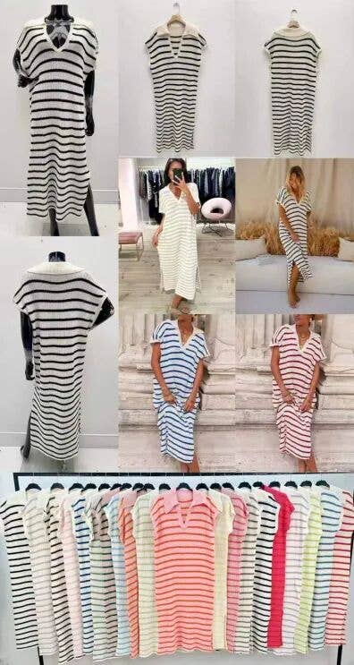 Oversized Long Striped Dress with Polo Collar — Chic Casual: Navy / One size: 38–44