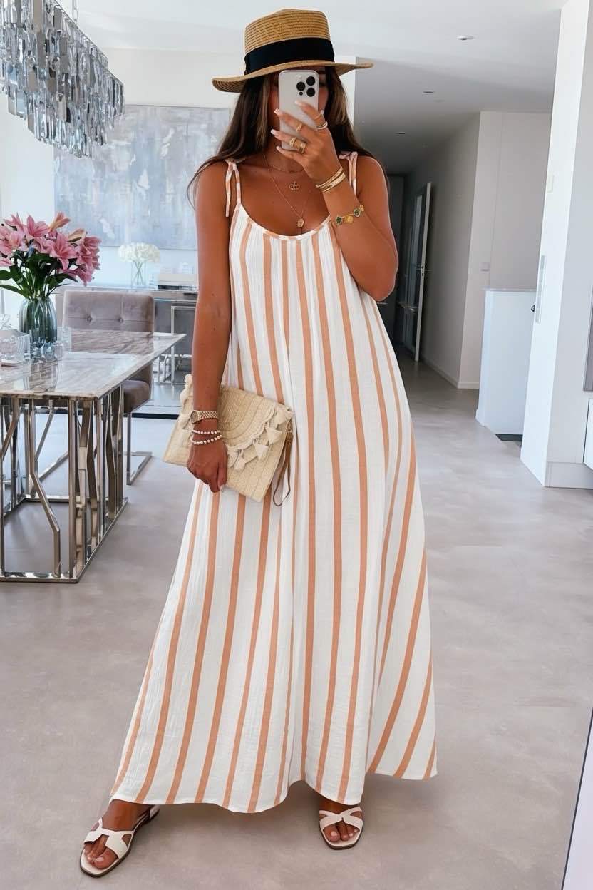 Long Striped Cotton Gauze Spaghetti-Strap Dress: Sky / YOU 38-44