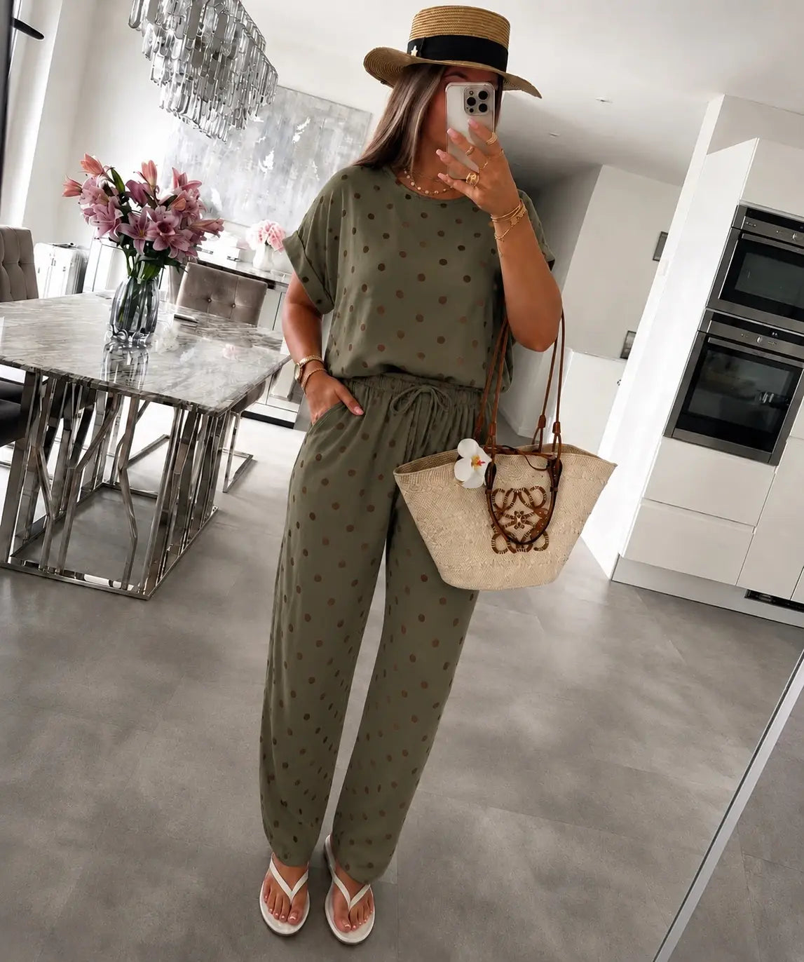 Oversized Polka-Dot Set – Loose Top & Flowing Pants: Beige / YOU 38-44