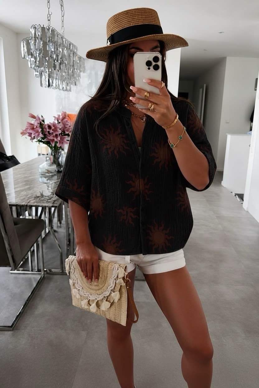Sun-print cotton gauze shirt: Black / One size: 38–44