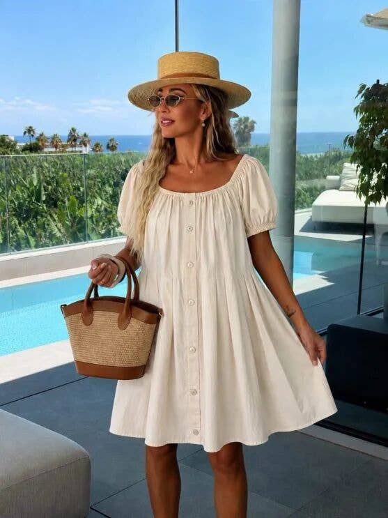 Buttoned Bohemian Dress with Bardot Neckline: Black / One size: 36-42