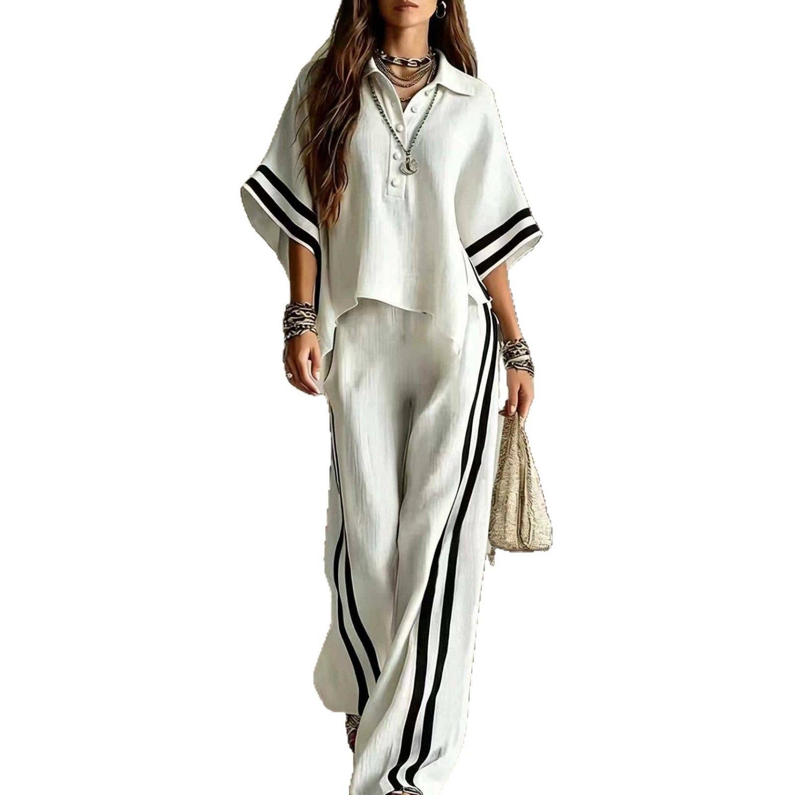 Short-sleeve Shirt And Loose-fitting Trousers Two-piece Set: Khaki / L