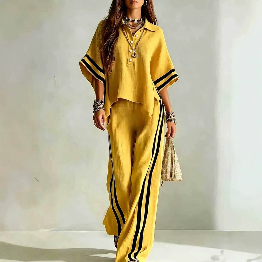 Short-sleeve Shirt And Loose-fitting Trousers Two-piece Set: Khaki / L