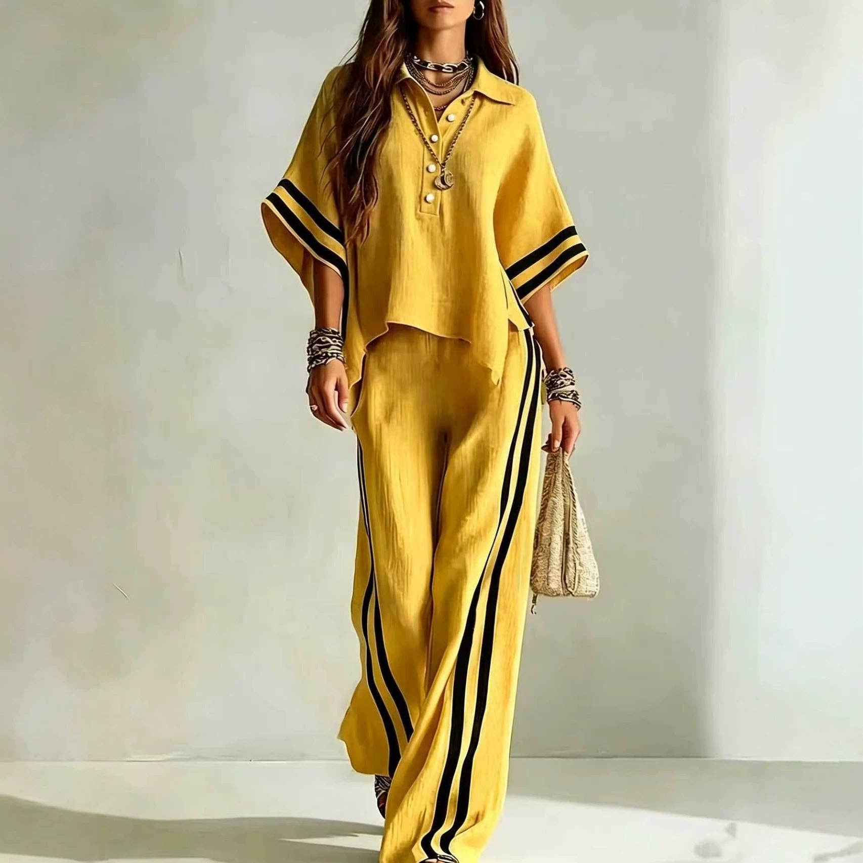 Short-sleeve Shirt And Loose-fitting Trousers Two-piece Set: Khaki / L