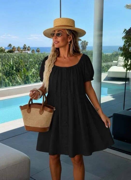 Buttoned Bohemian Dress with Bardot Neckline: Brown / One size: 36-42