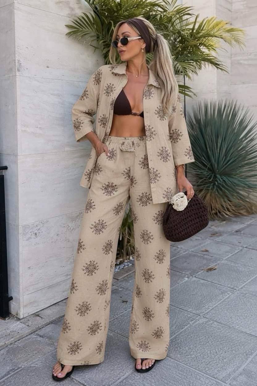 Oversized Bohemian Printed Shirt and Pants Set: White / YOU 38-42