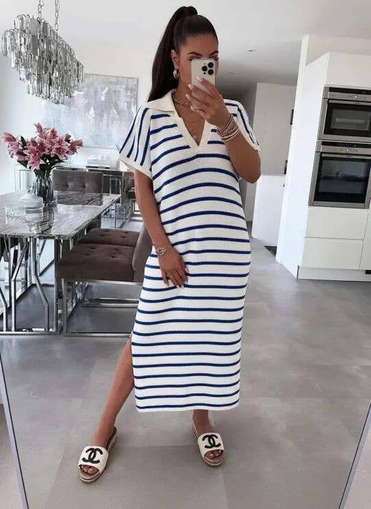 Oversized Long Striped Dress with Polo Collar — Chic Casual: Navy / One size: 38–44