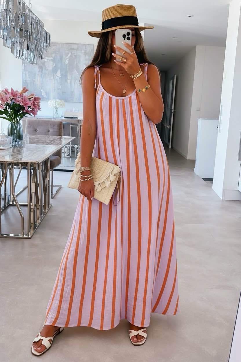 Long Striped Cotton Gauze Spaghetti-Strap Dress: Sky / YOU 38-44