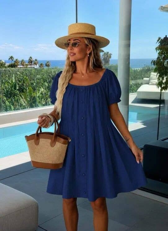 Buttoned Bohemian Dress with Bardot Neckline: White / One size: 36-42