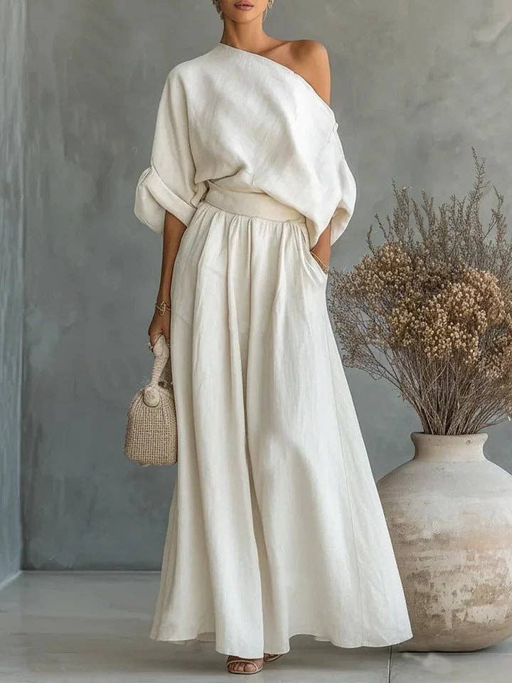 Cropped Off-shoulder Top And Pants Two-piece Set: White / XL