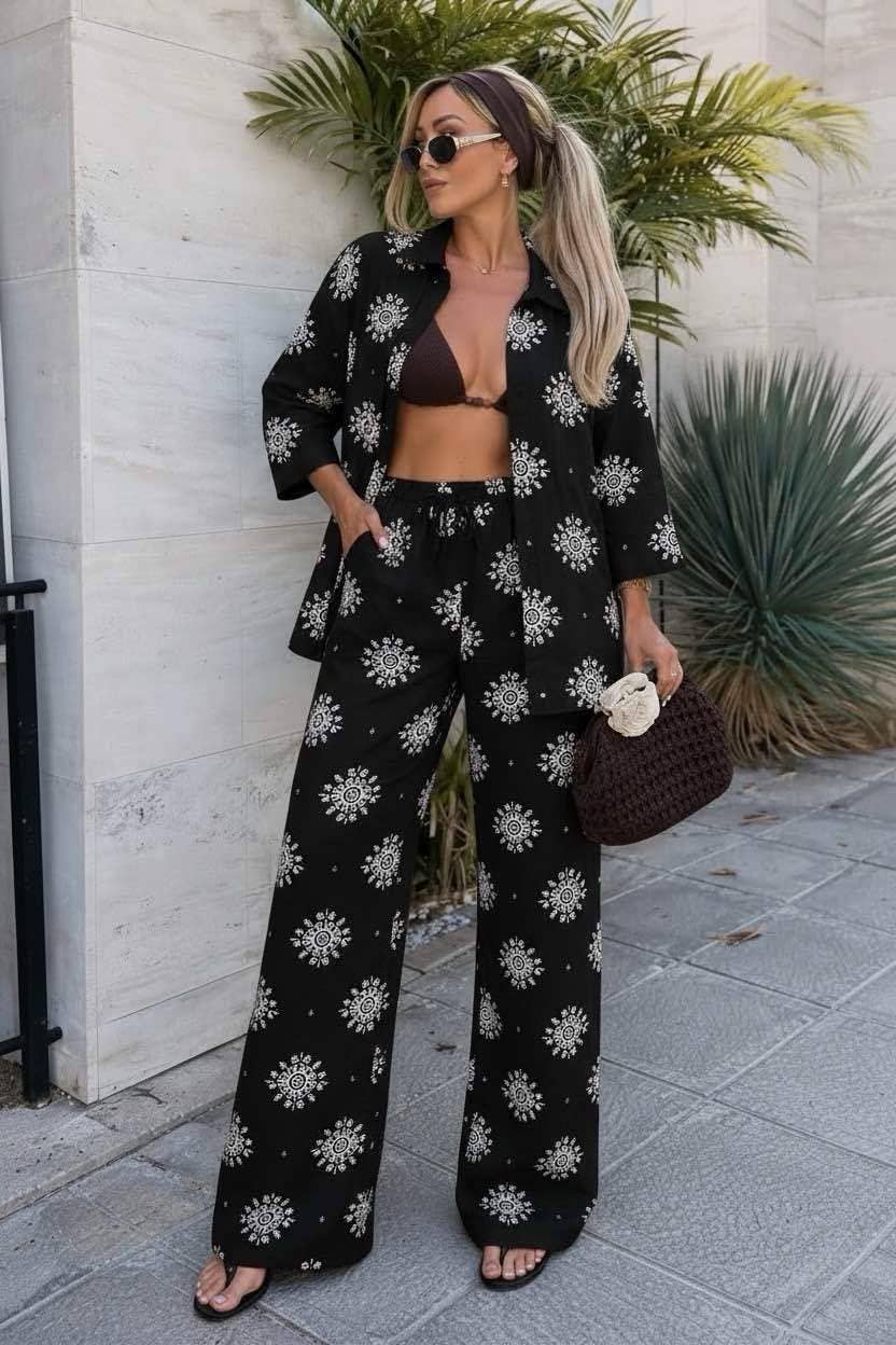 Oversized Bohemian Printed Shirt and Pants Set: White / YOU 38-42