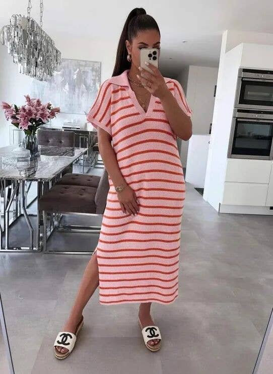 Oversized Long Striped Dress with Polo Collar — Chic Casual: Navy / One size: 38–44