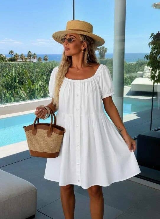 Buttoned Bohemian Dress with Bardot Neckline: Brown / One size: 36-42