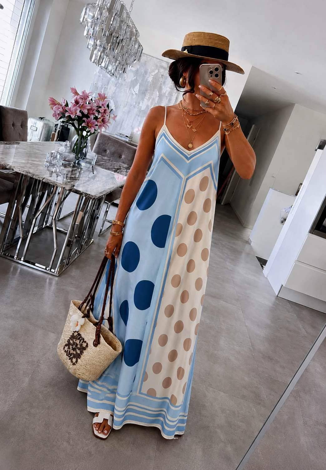 Flowing bohemian dress with polka dot print: Dark brown