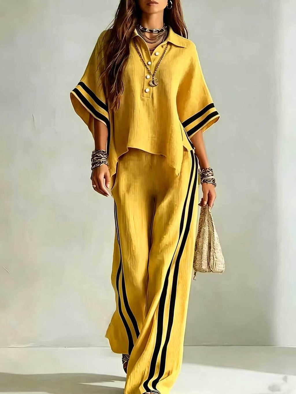 Short-sleeve Shirt And Loose-fitting Trousers Two-piece Set: Khaki / L