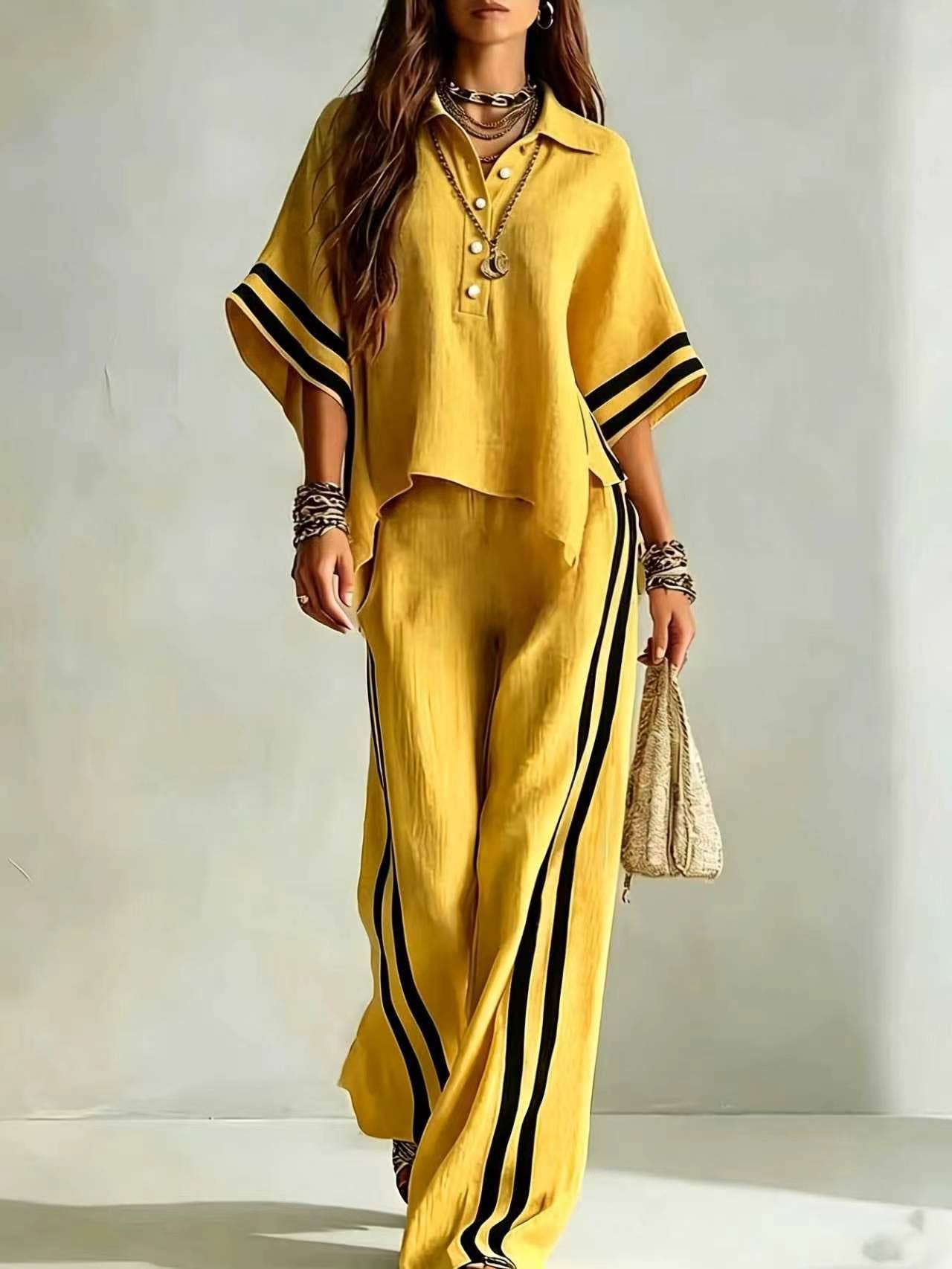 Short-sleeve Shirt And Loose-fitting Trousers Two-piece Set: Khaki / L