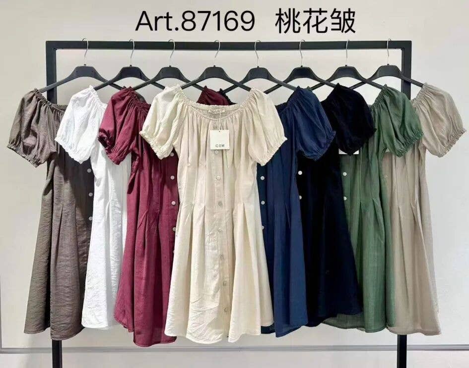 Buttoned Bohemian Dress with Bardot Neckline: Black / One size: 36-42