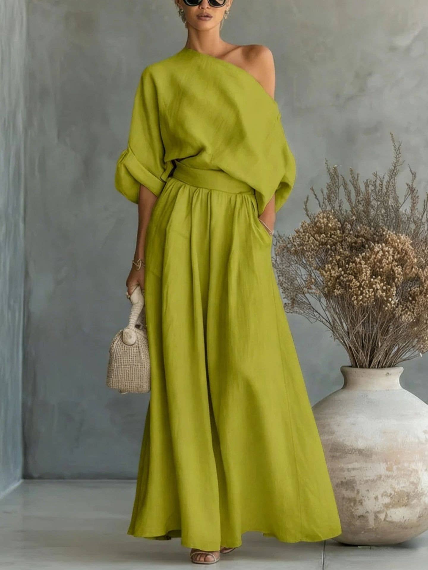 Cropped Off-shoulder Top And Pants Two-piece Set: Dark Brown / M