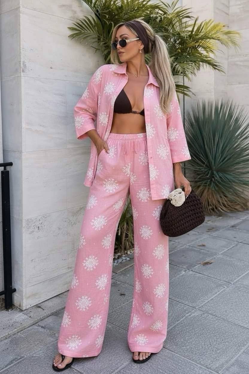 Oversized Bohemian Printed Shirt and Pants Set: White / YOU 38-42