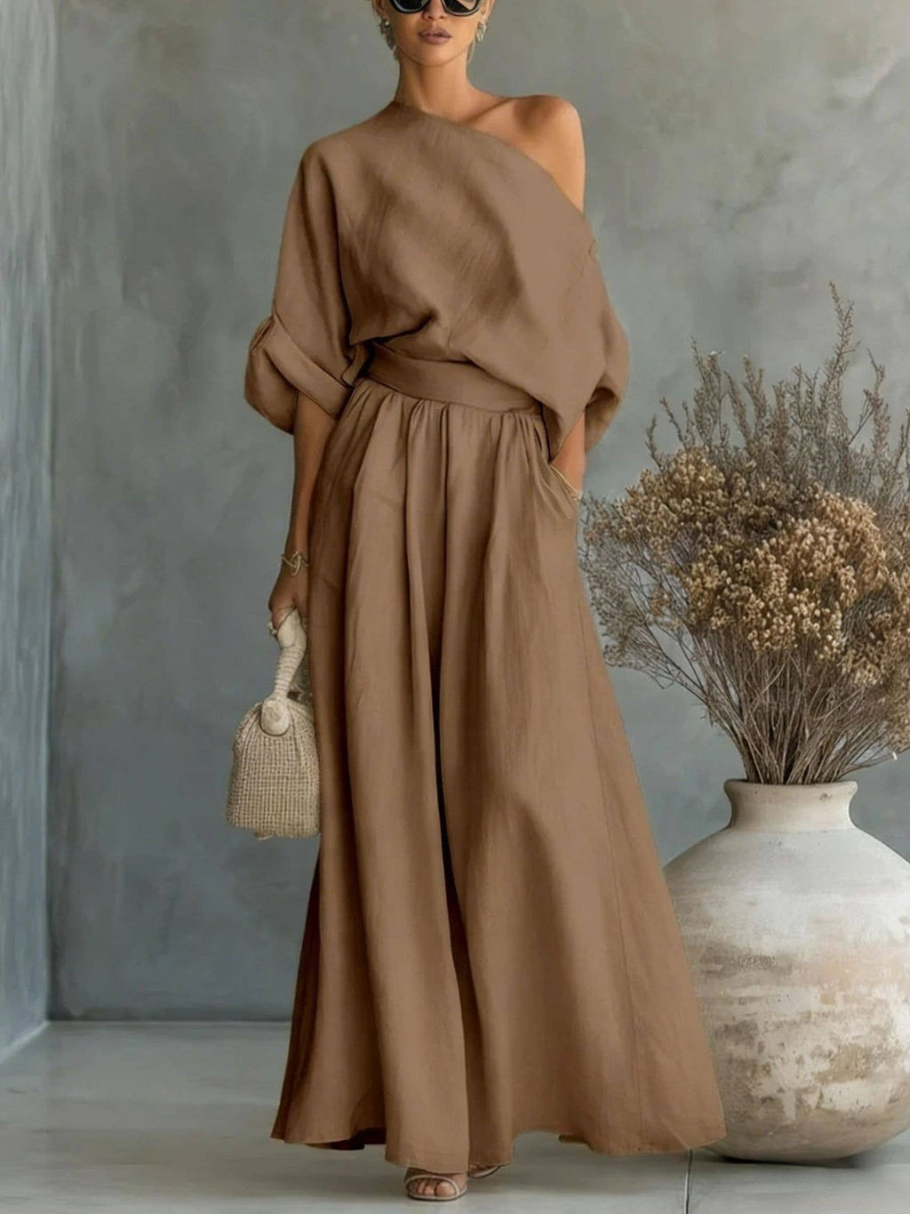 Cropped Off-shoulder Top And Pants Two-piece Set: Dark Brown / M