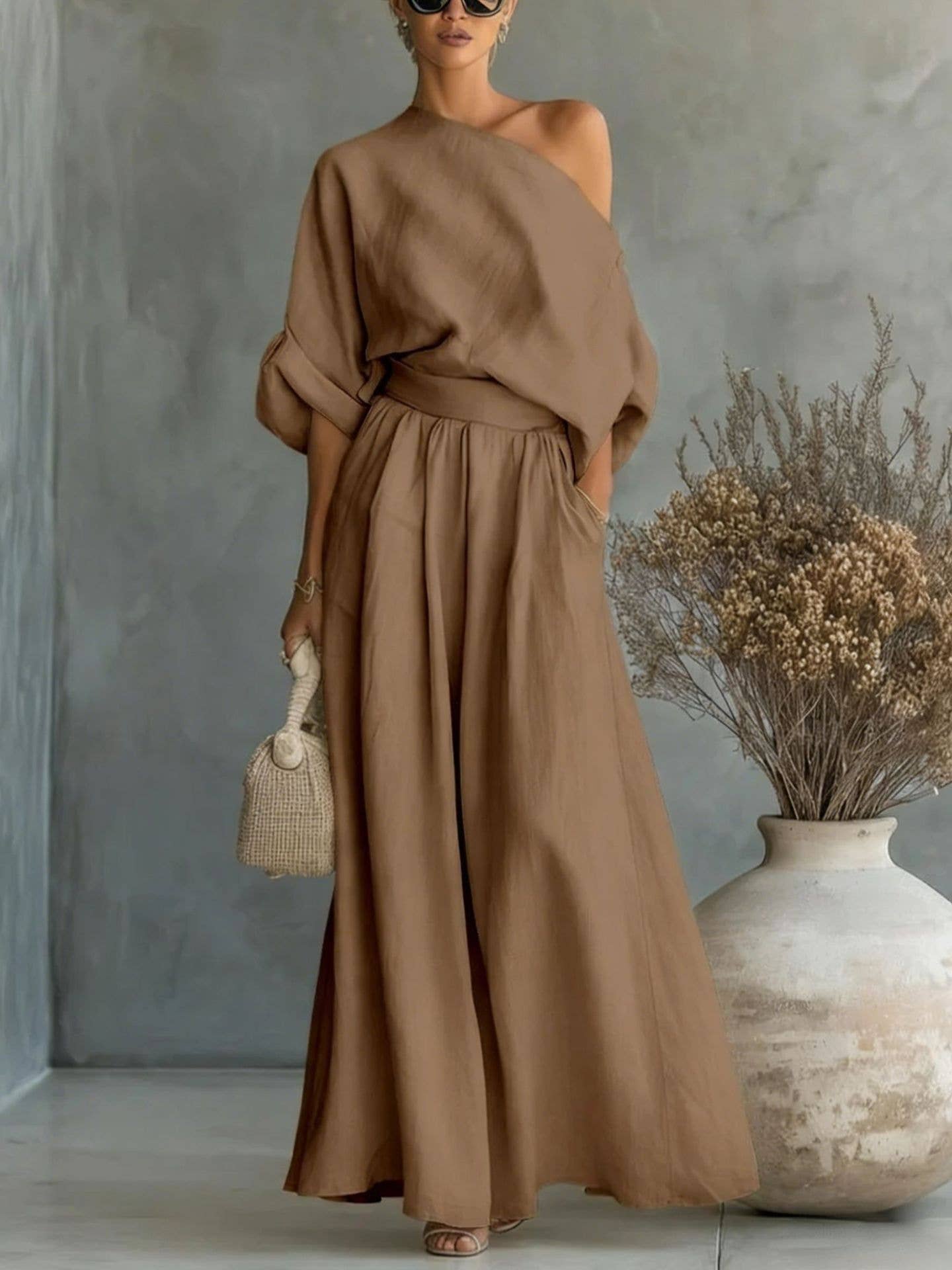 Cropped Off-shoulder Top And Pants Two-piece Set: Dark Brown / M