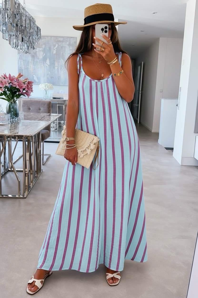 Long Striped Cotton Gauze Spaghetti-Strap Dress: Sky / YOU 38-44