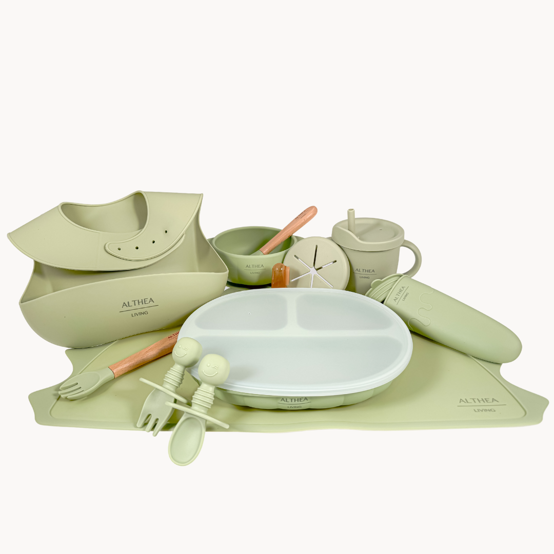 Organic silicone dinnerware - 15 pieces: Olive green