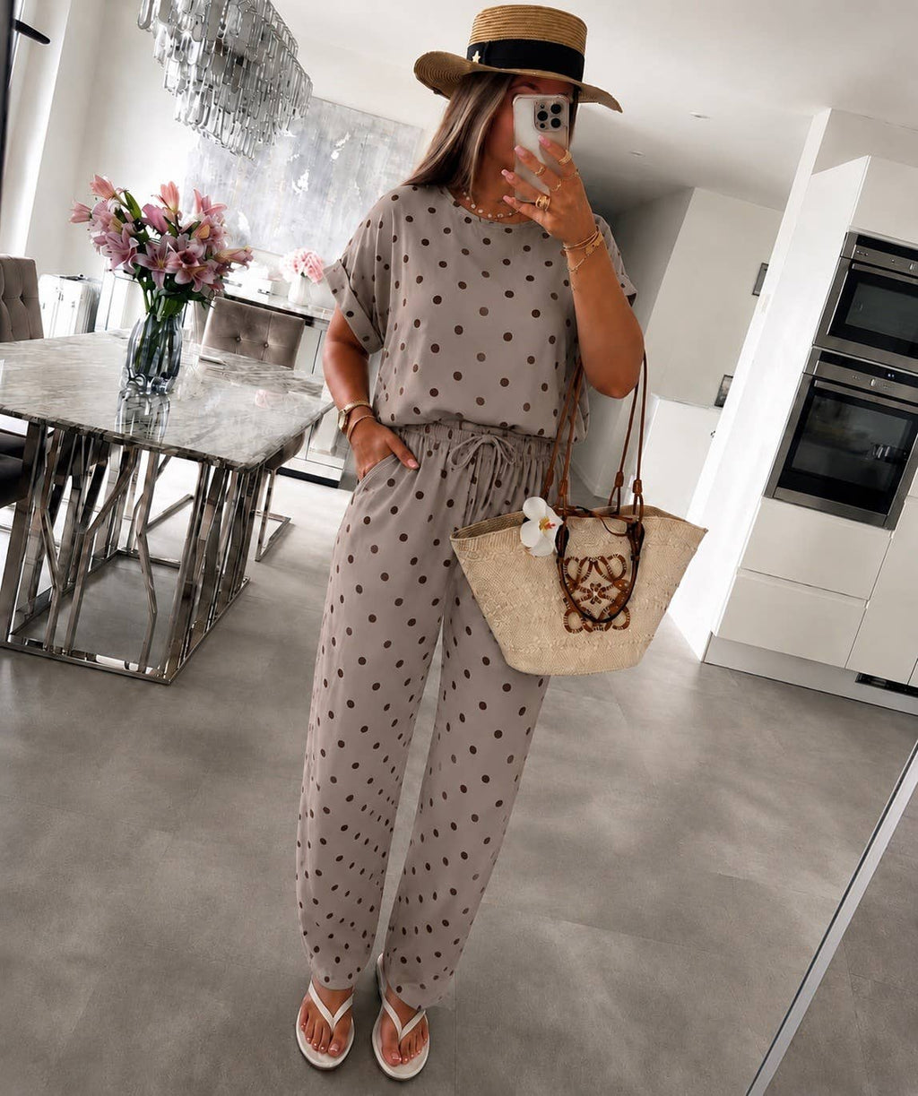 Oversized Polka-Dot Set – Loose Top & Flowing Pants: Beige / YOU 38-44