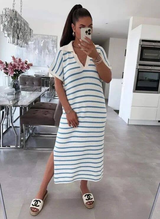 Oversized Long Striped Dress with Polo Collar — Chic Casual: Navy / One size: 38–44