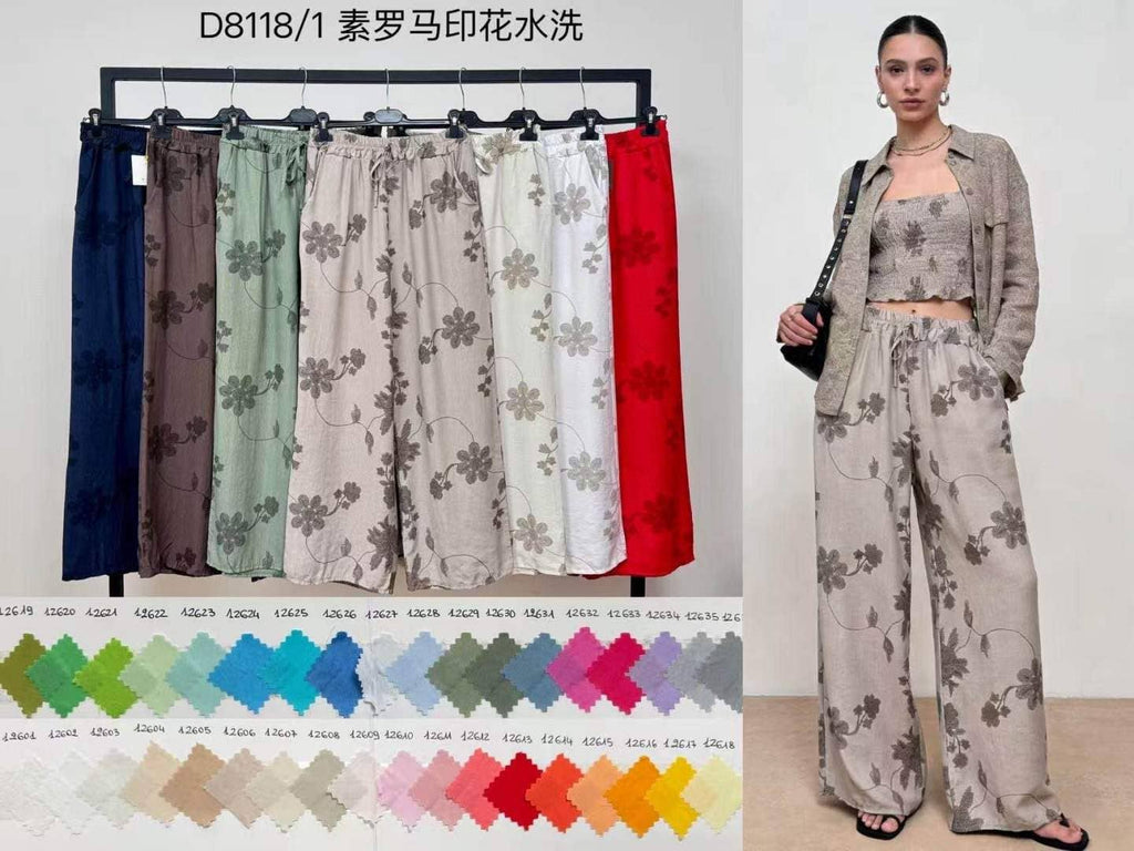 Wide Floral Pants with Elastic Waist and Drawstring: Beige / YOU 38-42