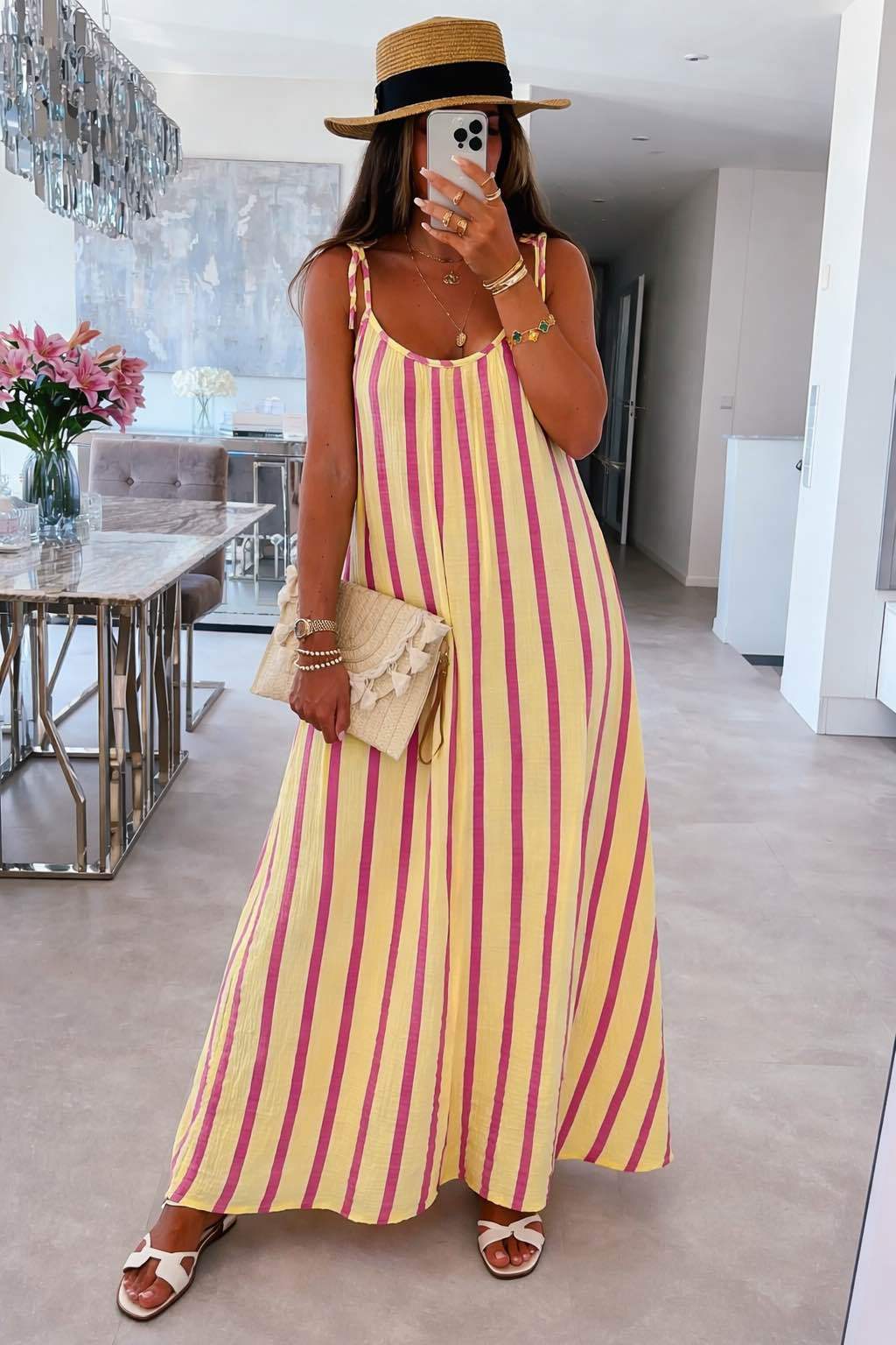 Long Striped Cotton Gauze Spaghetti-Strap Dress: Sky / YOU 38-44
