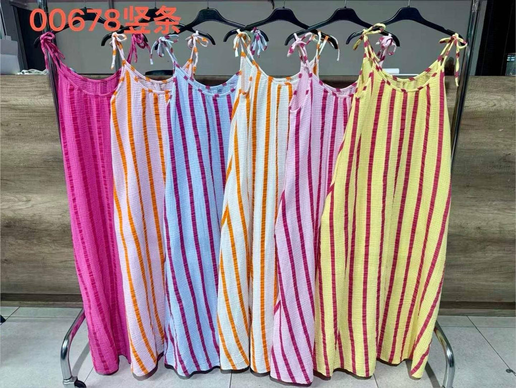 Long Striped Cotton Gauze Spaghetti-Strap Dress: Sky / YOU 38-44