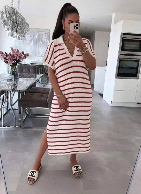 Oversized Long Striped Dress with Polo Collar — Chic Casual: Navy / One size: 38–44