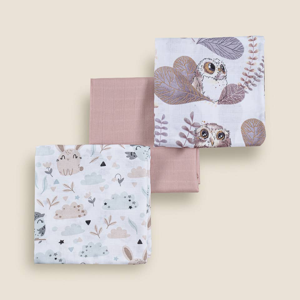 Premium Muslin Diaper Set - 3 Pack of 100% Natural Cotton: Owl / 60x60 - 3 pack